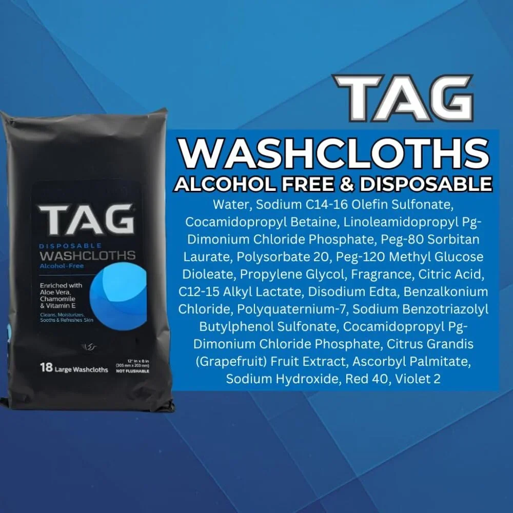 90 TAG Disposable Washcloths Alcohol-Free w/Aloe Vera, Vitamin E,‎ Chamomile (5)